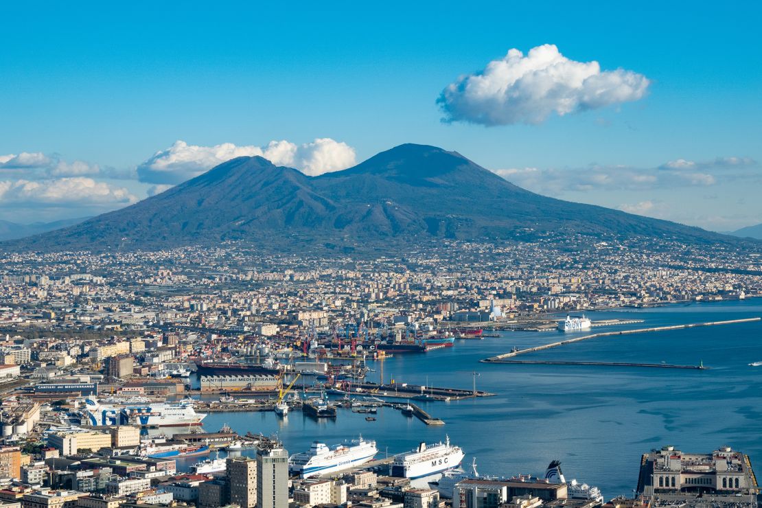 A view of Naples, Italy, with Vesuvius volcano visible in the background.