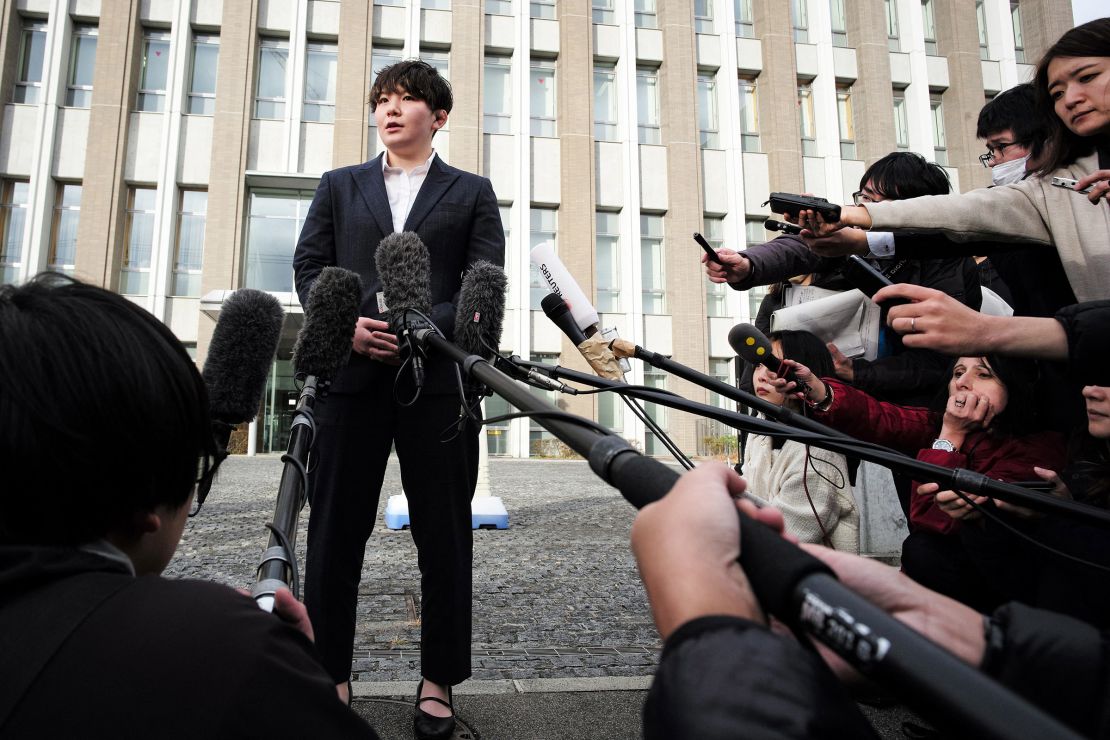 Rina Gonoi speaks to the media after the Fukushima court on December 12, 2023 found three perpetrators guilty of "forced indecency" towards her during her service at the JSDF.