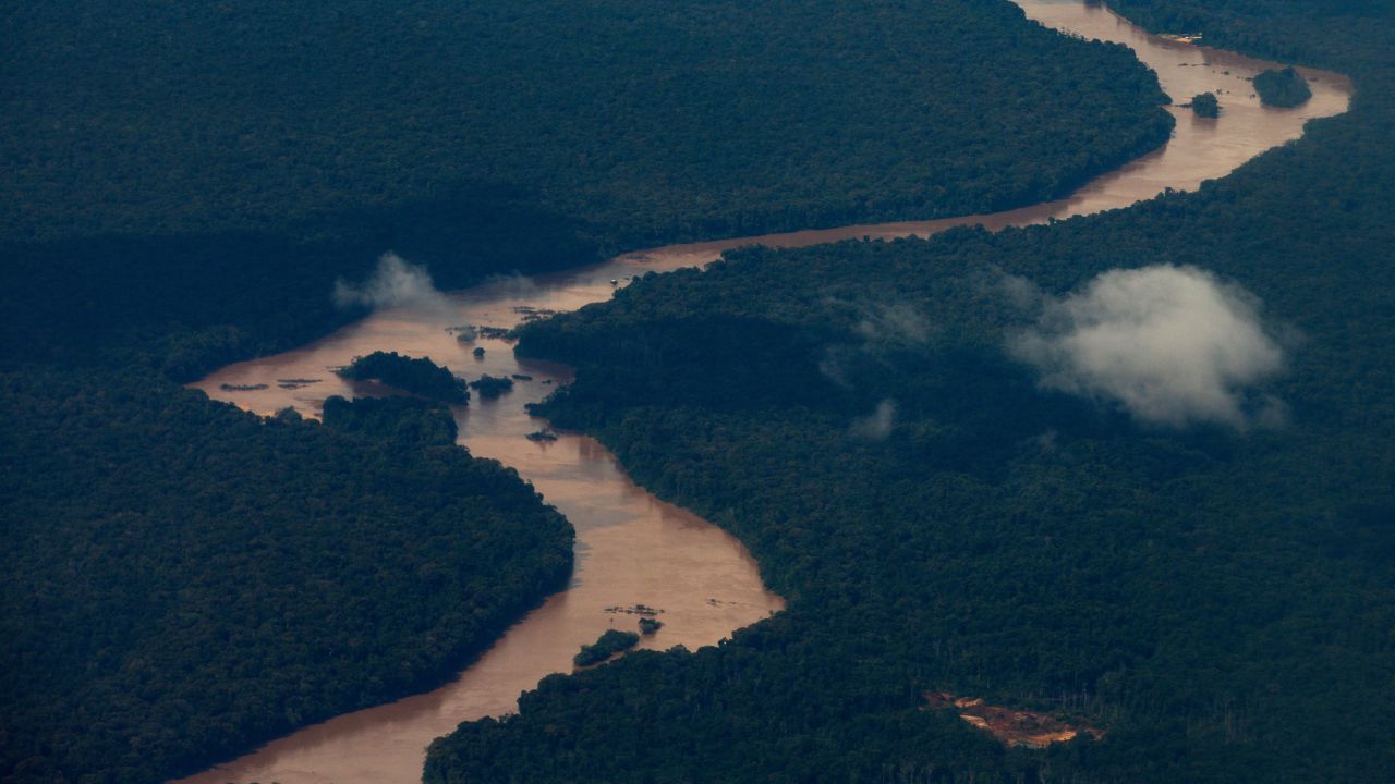 Aerial view of the Essequibo region taken from Guyana on December 12, 2023. Venezuelan President Nicolas Maduro and his Guyanese counterpart, Irfaan Ali, will meet on December 14, 2023 in Saint Vincent and the Grenadines, on their countries' growing dispute over the oil-rich region of Essequibo, amid mounting international warnings against escalating the row. (Photo by Roberto CISNEROS / AFP) (Photo by ROBERTO CISNEROS/AFP via Getty Images)