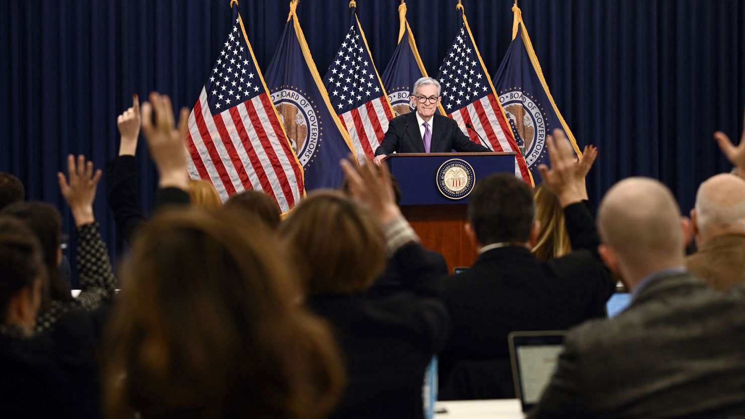 US Federal Reserve Chairman Jerome Powell holds a press conference at the end of Monetary Policy Committee meeting in Washington, DC, on December 13, 2023.