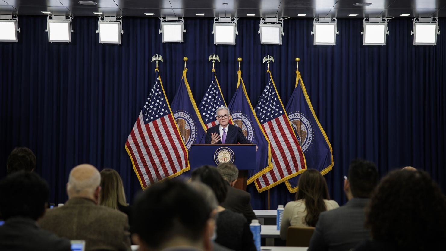 Jerome Powell, chairman of the US Federal Reserve, speaks during a news conference following a Federal Open Market Committee (FOMC) meeting in Washington, DC, US, on Wednesday, Dec. 13, 2023.