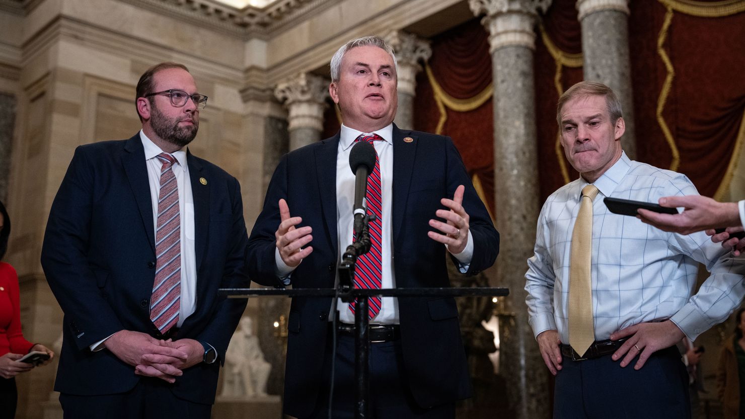 Reps. Jason Smith, James Comer and Jim Jordan speak to reporters after the House voted to formally authorize the impeachment inquiry into President Joe Biden on December 13, 2023.