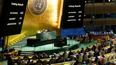 The results of a draft resolution vote are seen on a screen as the UN General Assembly holds an emergency special session on the Israel-Hamas war at the United Nations headquarters in New York on December 12, 2023.