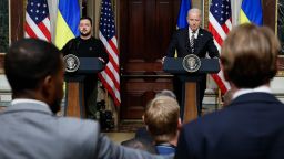 In this December 2023 file photo, Ukrainian President Volodymyr Zelensky and U.S. President Joe Biden hold a news conference in the Eisenhower Executive Office Building in Washington, DC. The Biden administration announced the two would meet again in Normandy, France, while Biden is there for a state visit.
