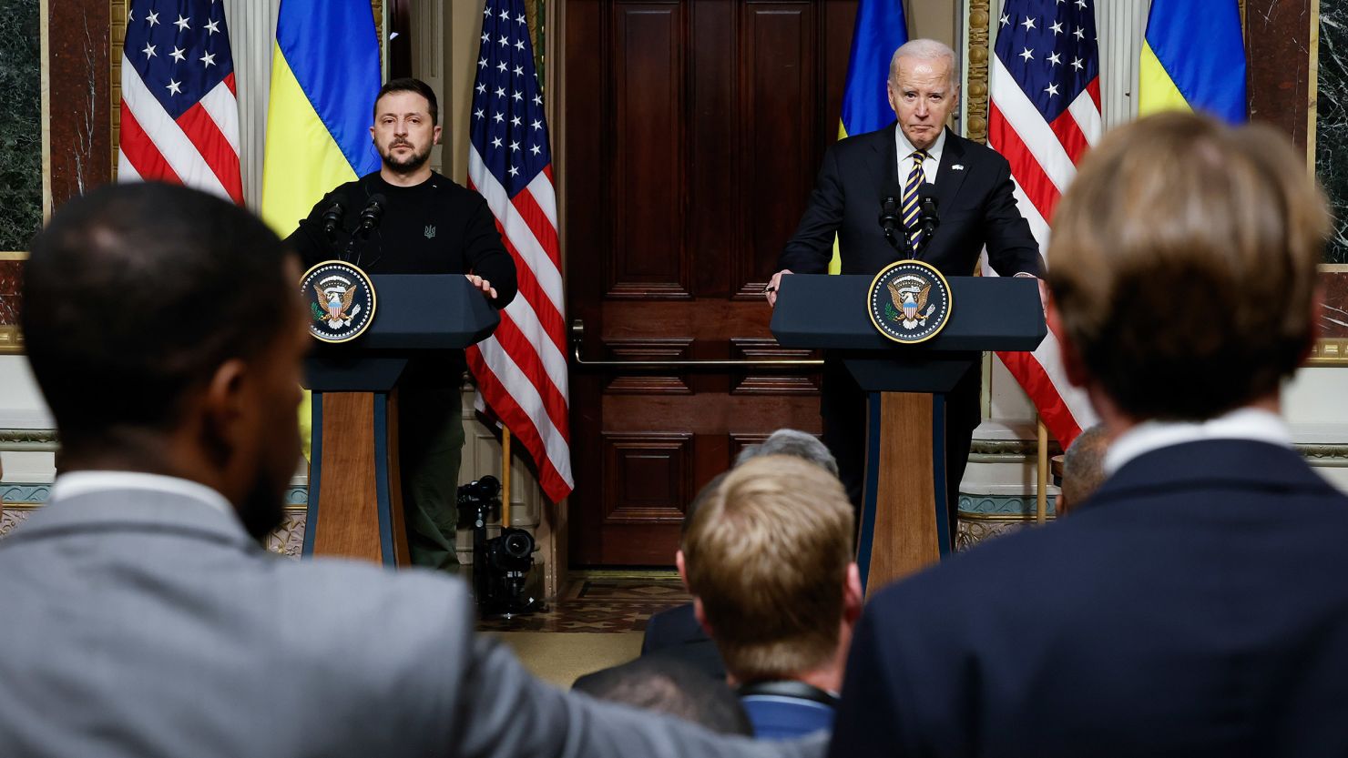 In this December 2023 file photo, Ukrainian President Volodymyr Zelensky and US President Joe Biden hold a news conference in the Eisenhower Executive Office Building in Washington, DC. The Biden administration announced the two would meet again in Normandy, France, while Biden is there for a state visit.