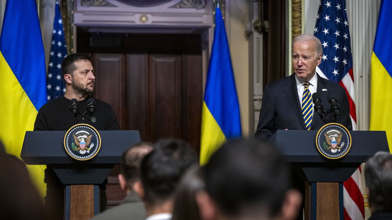 WASHINGTON, DC - DECEMBER 12: President Joe Biden, right, holds a press conference in the Indian Treaty room with President Volodymyr Zelensky, left, of Ukraine in Washington, DC. (Photo by Bill O'Leary/The Washington Post via Getty Images)