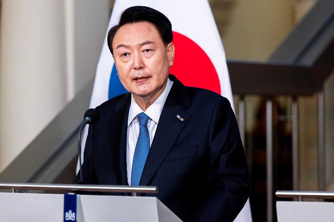 President Yoon Suk Yeol speaks at a news conference in the Netherlands on December 13, 2023.