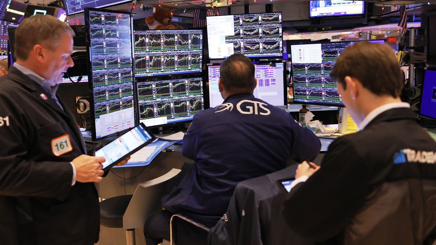 Traders work on the floor of the New York Stock Exchange on December 13, 2023 in New York City.