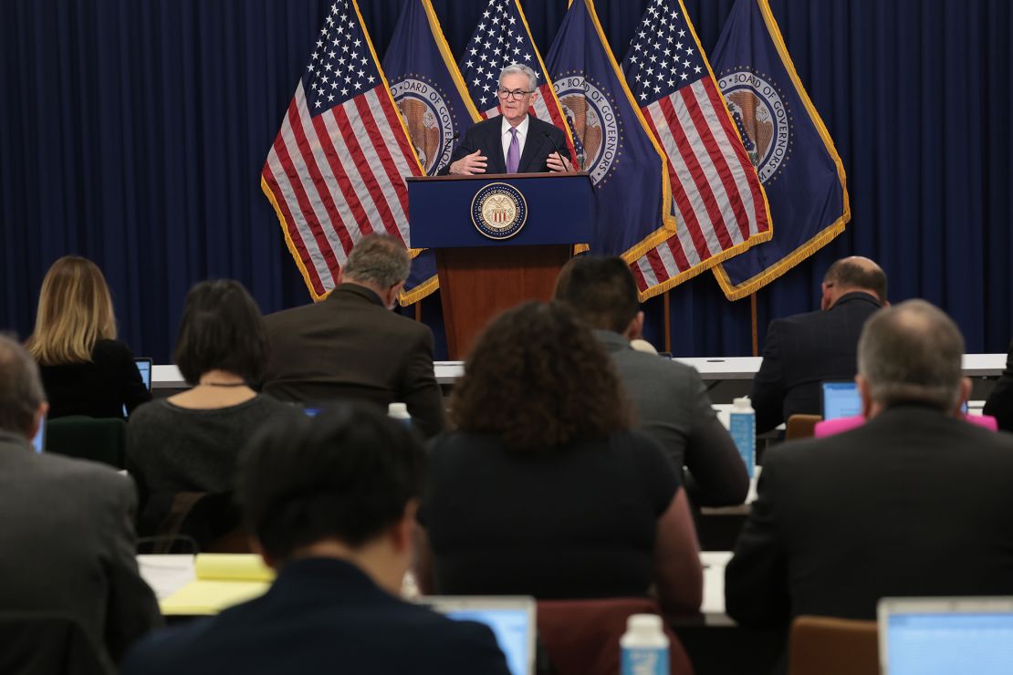 Federal Reserve Chairman Jerome Powell speaks during a press conference at Federal Reserve Headquarters in Washington, DC, December 13, 2023.