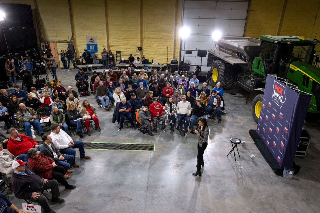 Haley arrives for her town hall in Agency, Iowa, on December 19, 2023.