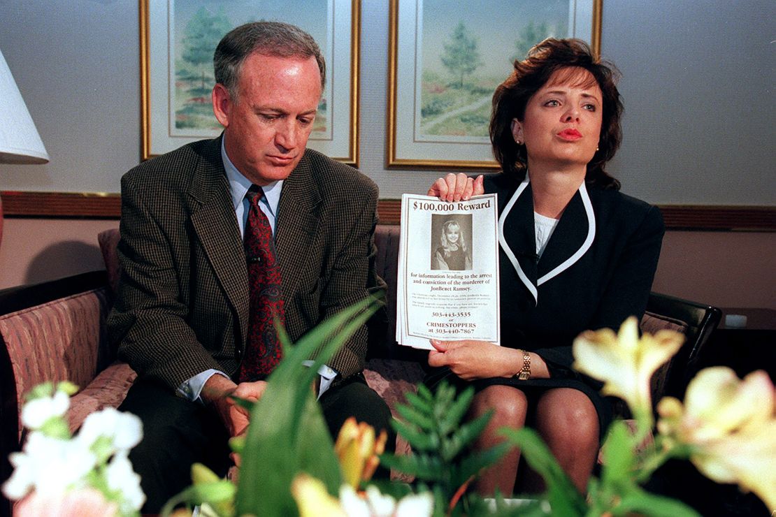 BOULDER, CO - MAY 01: John and Patsy Ramsey, the parents of JonBenet Ramsey, meet with a small selected group of the local Colorado media after four months of silence in Boulder, Colorado on May 1, 1997. Patsy holds up a reward sign for information leading to the arrest of their daughter's murderer. Their 6-year-old daughter was found dead on Christmas night 1996. (Photo By Helen H. Richardson/ The Denver Post)