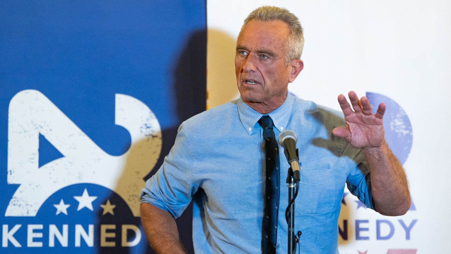 Independent presidential candidate Robert F. Kennedy Jr. takes questions from media after his campaign rally at Legends Event Center on December 20, 2023.