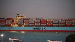 The Maersk Sentosa container ship sails southbound to exit the Suez Canal in Suez, Egypt, on December 21, 2023.