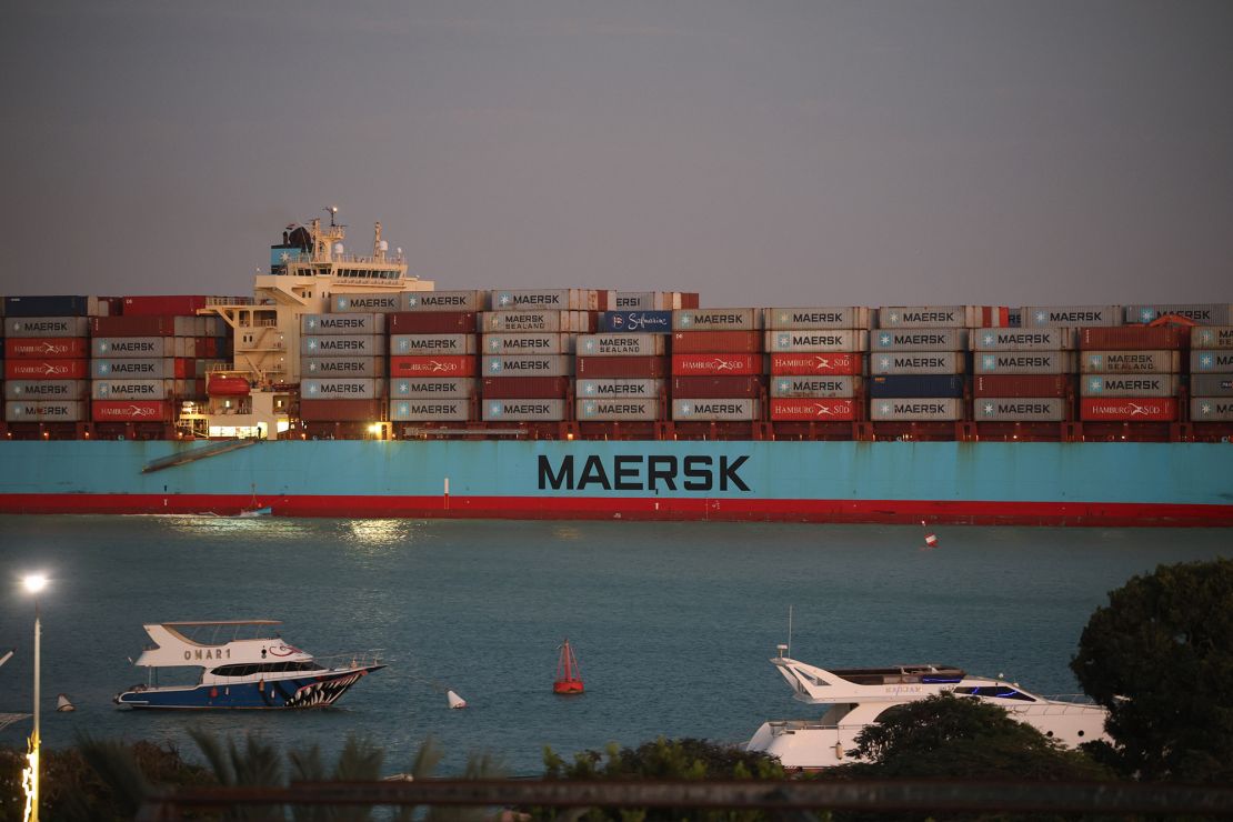 The Maersk Sentosa container ship sails southbound to exit the Suez Canal in Suez, Egypt, on December 21, 2023.