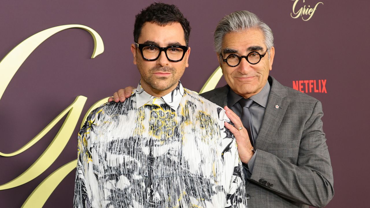 (L-R) Dan Levy and Eugene Levy attend the premiere of "Good Grief" at The Egyptian Theatre Hollywood on December 19, 2023 in Los Angeles, California.