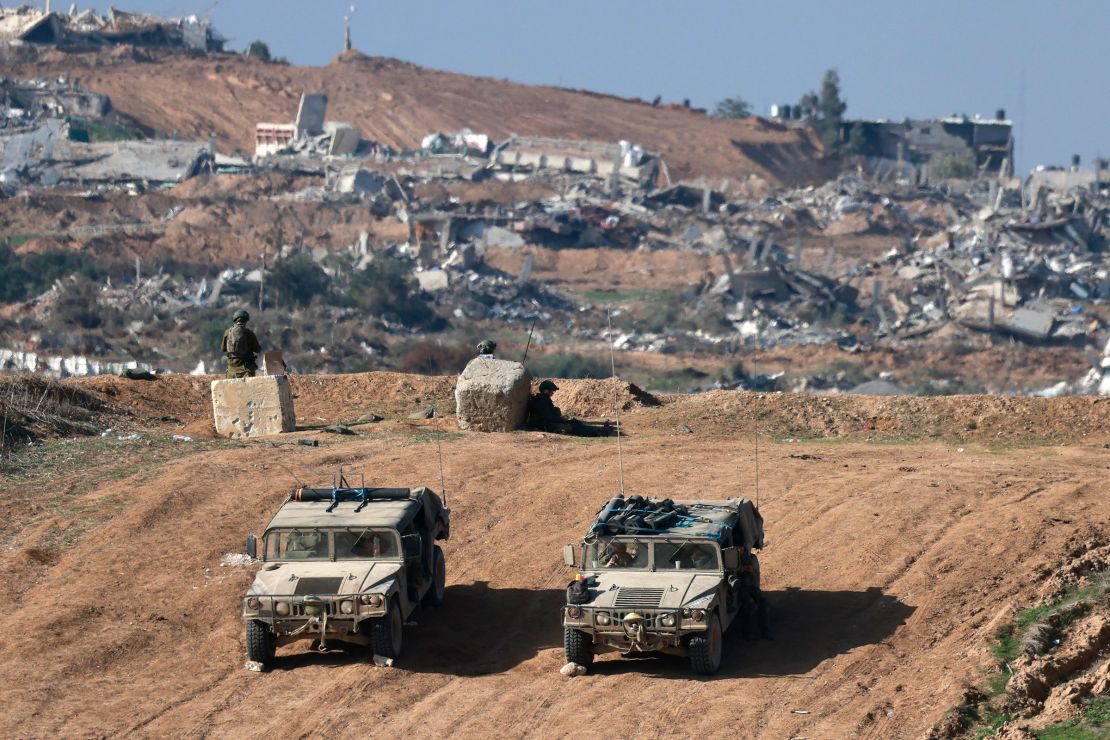 Israeli military vehicles in southern Israel, near the border with Gaza, on December 25, 2023.