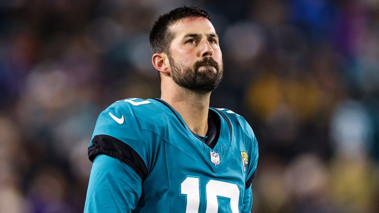 JACKSONVILLE, FL - DECEMBER 17: Brandon McManus #10 of the Jacksonville Jaguars looks on from the field during an NFL football game against the Baltimore Ravens at EverBank Stadium on December 17, 2023 in Jacksonville, Florida. (Photo by Perry Knotts/Getty Images)