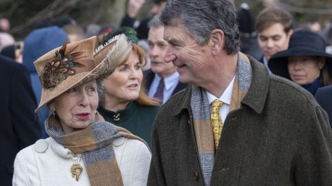SANDRINGHAM, NORFOLK - DECEMBER 25: Princess Anne, Princess Royal and Timothy Laurence attend the Christmas Day service at St Mary Magdalene Church on December 25, 2023 in Sandringham, Norfolk.