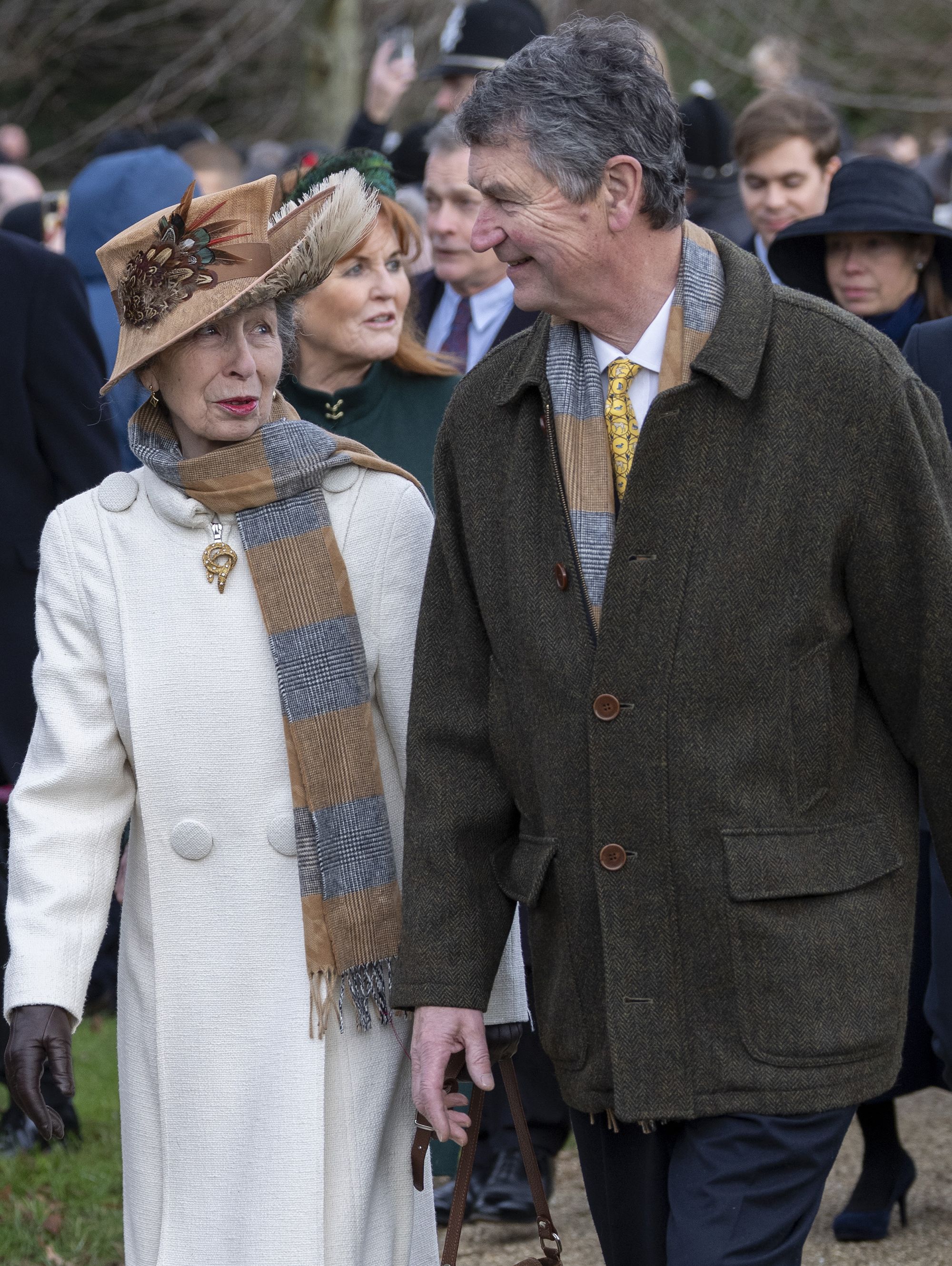 Princess Anne and Timothy Laurence attend the Christmas Day service at St Mary Magdalene Church in the matching 