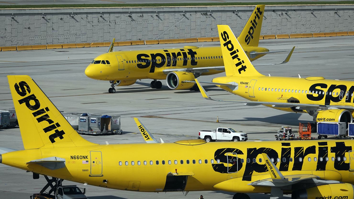 Spirit Airlines jetliners on the tarmac at Fort Lauderdale Hollywood International Airport on December 26, 2023.