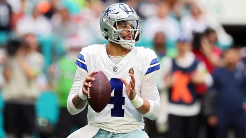 MIAMI GARDENS, FLORIDA - DECEMBER 24: Dak Prescott #4 of the Dallas Cowboys looks to throw a pass during the first quarter in the game against the Miami Dolphins at Hard Rock Stadium on December 24, 2023 in Miami Gardens, Florida. (Photo by Stacy Revere/Getty Images)