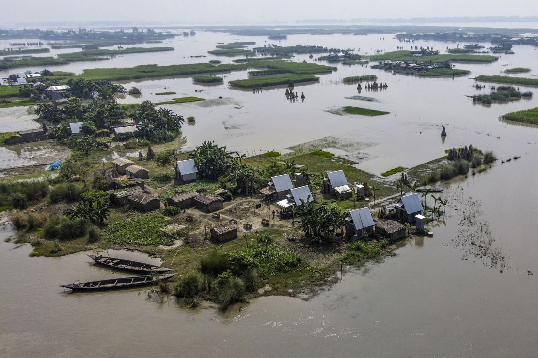 Houses surrounded by floodwaters in Char Shildaha, Bangladesh on September 3, 2023. The country is on the frontlines of the climate crisis.