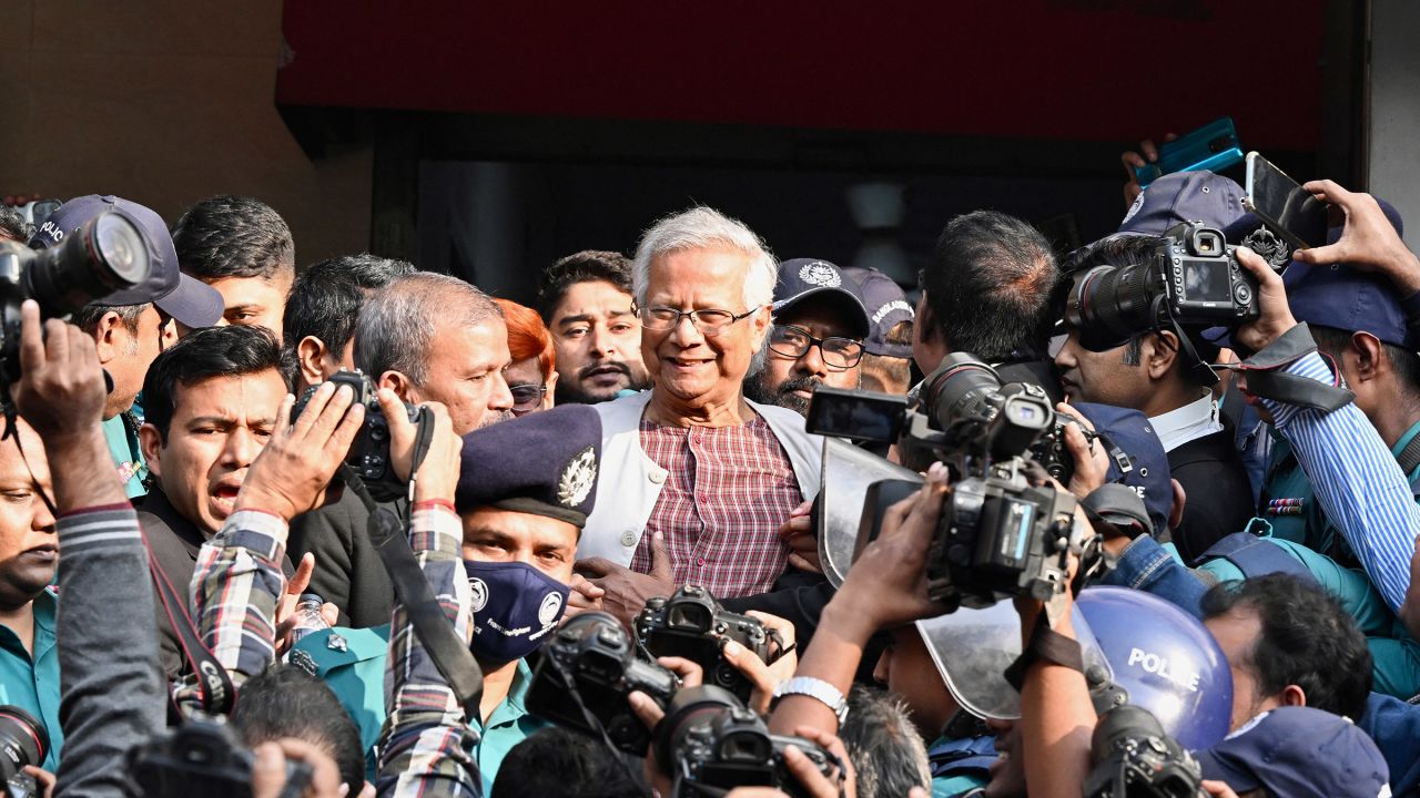 Bangladeshi Nobel peace laureate Muhammad Yunus, center, leaves a court in Dhaka, Bangladesh on January 1, 2024. Nobel peace laureate Yunus was convicted on January 1, of violating Bangladesh's labour laws in a case decried by his supporters as politically motivated.