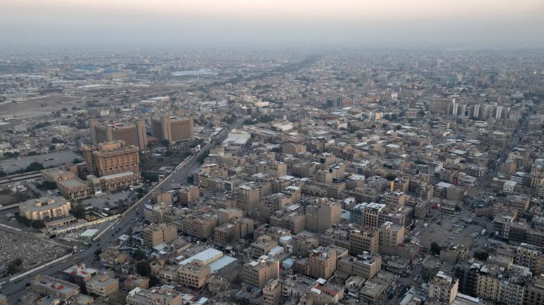 This aerial photograph taken on January 1, 2024 shows a view of buildings and streets in the Iraqi capital Baghdad.
