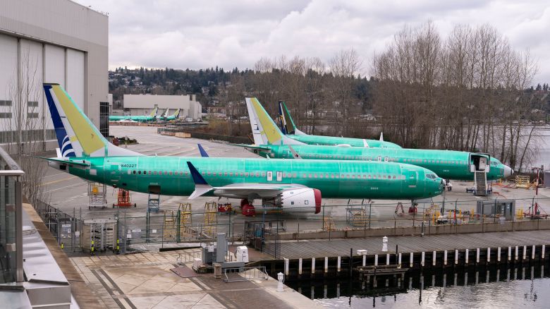 Boeing 737 Max 8 aircraft outside the company's manufacturing facility in Renton, Washington, on Sunday, Jan. 7, two days after a door plug blew off of the side of an Alaska Airlines jet.