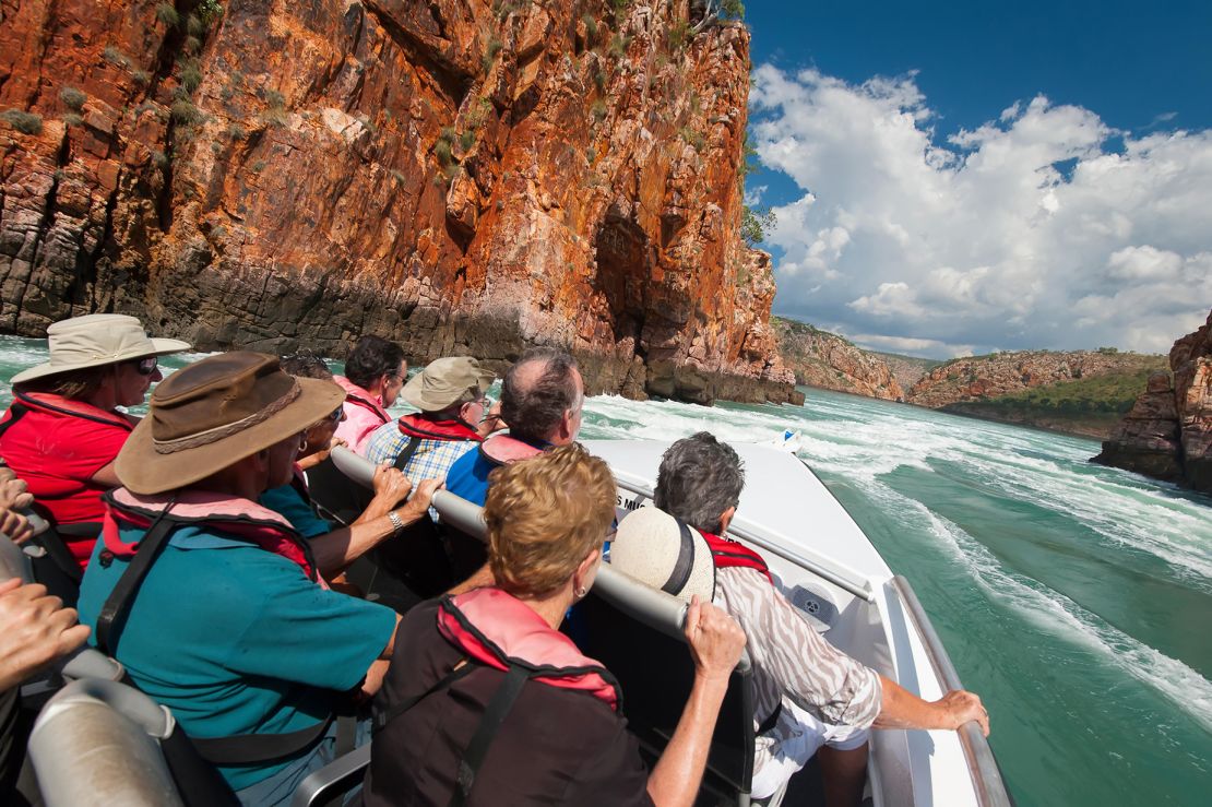 Tourists on a speedboat race across the Horizontal Waterfalls in Talbot Bay, Western Australia.