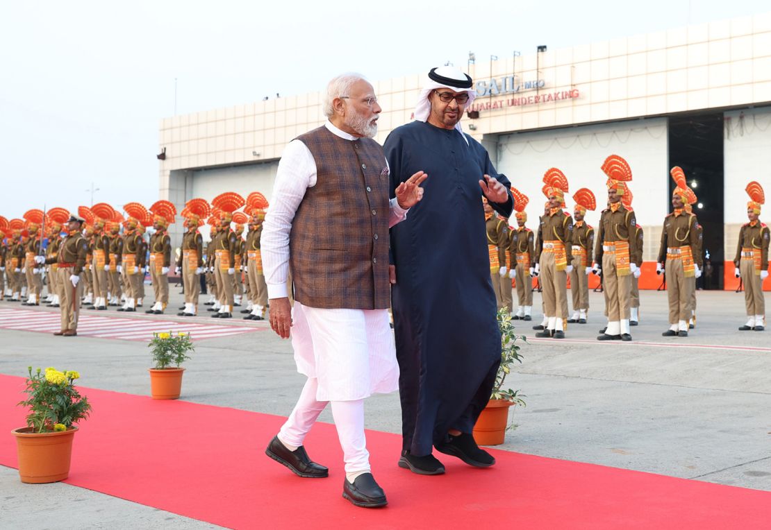 Indian Prime Minister Narendra Modi with President of the United Arab Emirates Sheikh Mohamed bin Zayed Al Nahyan in Ahmedabad state of Gujarat, India on January 9, 2024.