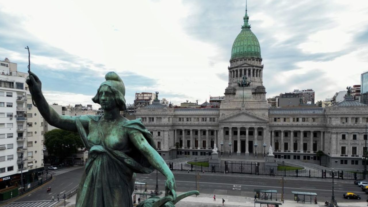 Aerial view of the National Congress where the "Omnibus" bill presented by the government of President Javier Milei, which covers more than 664 articles with reforms in labor, commerce, industry, energy, environment, and tax matters, is being debated, in Buenos Aires, on January 9, 2024. (Photo by LUIS ROBAYO / AFP) (Photo by LUIS ROBAYO/AFP via Getty Images)