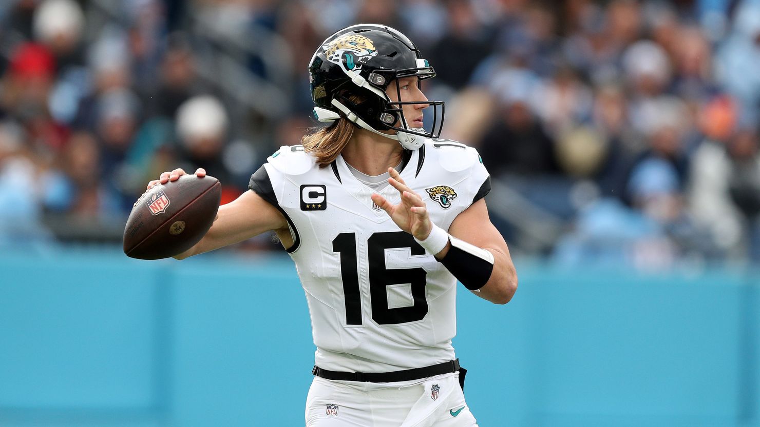 Trevor Lawrence of the Jacksonville Jaguars looks to pass the ball during a game against the Tennessee Titans in Nashville, Tennessee, on January 7, 2024.