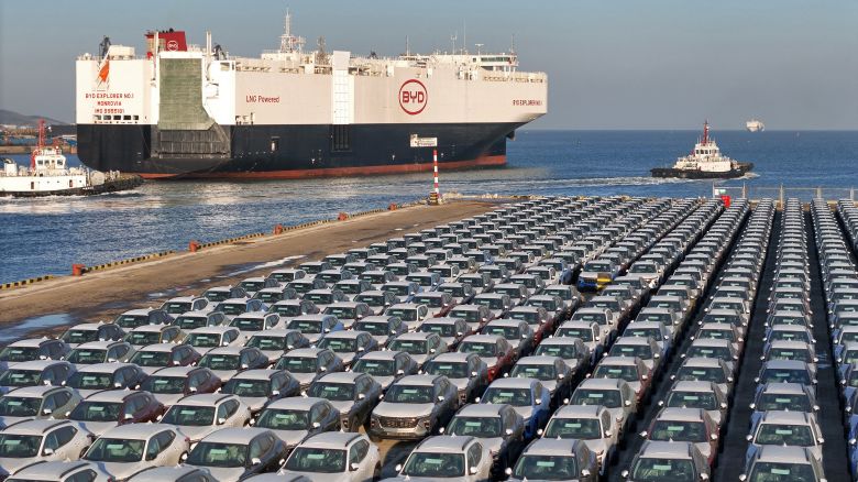The photo taken on January 10, 2024 shows electric cars for export waiting to be loaded on the "BYD Explorer NO.1", a domestically manufactured vessel intended to export Chinese automobiles, at Yantai port, in eastern China's Shandong province.