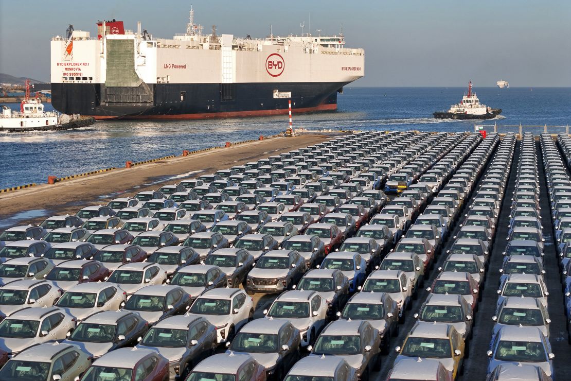 Electric cars waiting to be loaded onto "BYD Explorer No. 1," a shipping carrier vessel intended to export BYD vehicles, at Yantai port in eastern China's Shandong province in January.