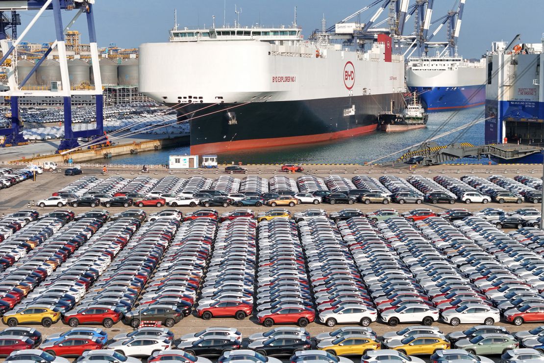 Electric cars wait to be loaded on the BYD Explorer No.1, a Chinese-made<strong> </strong>vessel intended to export Chinese autos, at Yantai port in eastern China's Shandong province in January 2024.