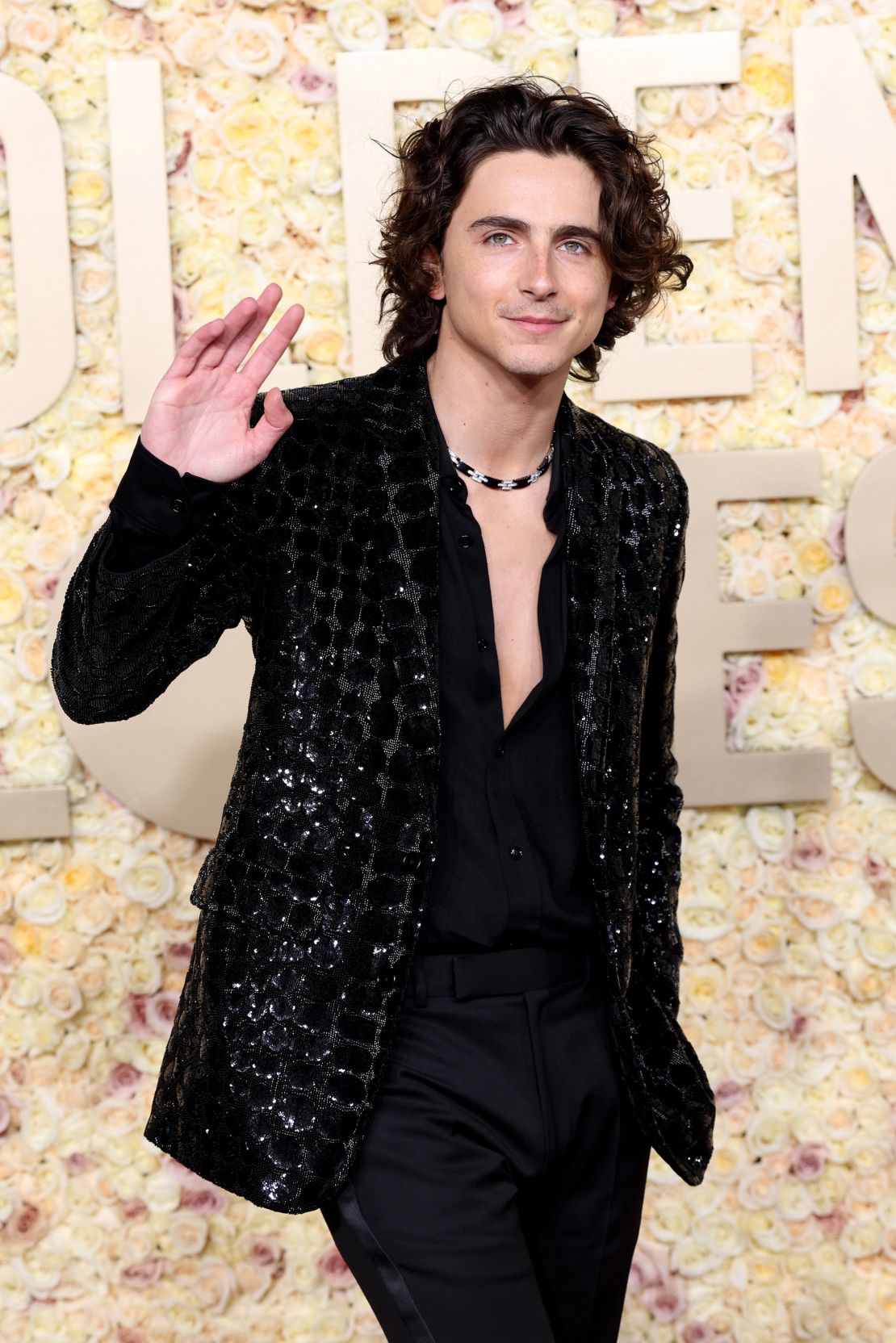 “Dune” and "Wonka" star Timothée Chalamet wore an all-black Celine Homme number with a Cartier necklace and touch of shimmer and sparkle.