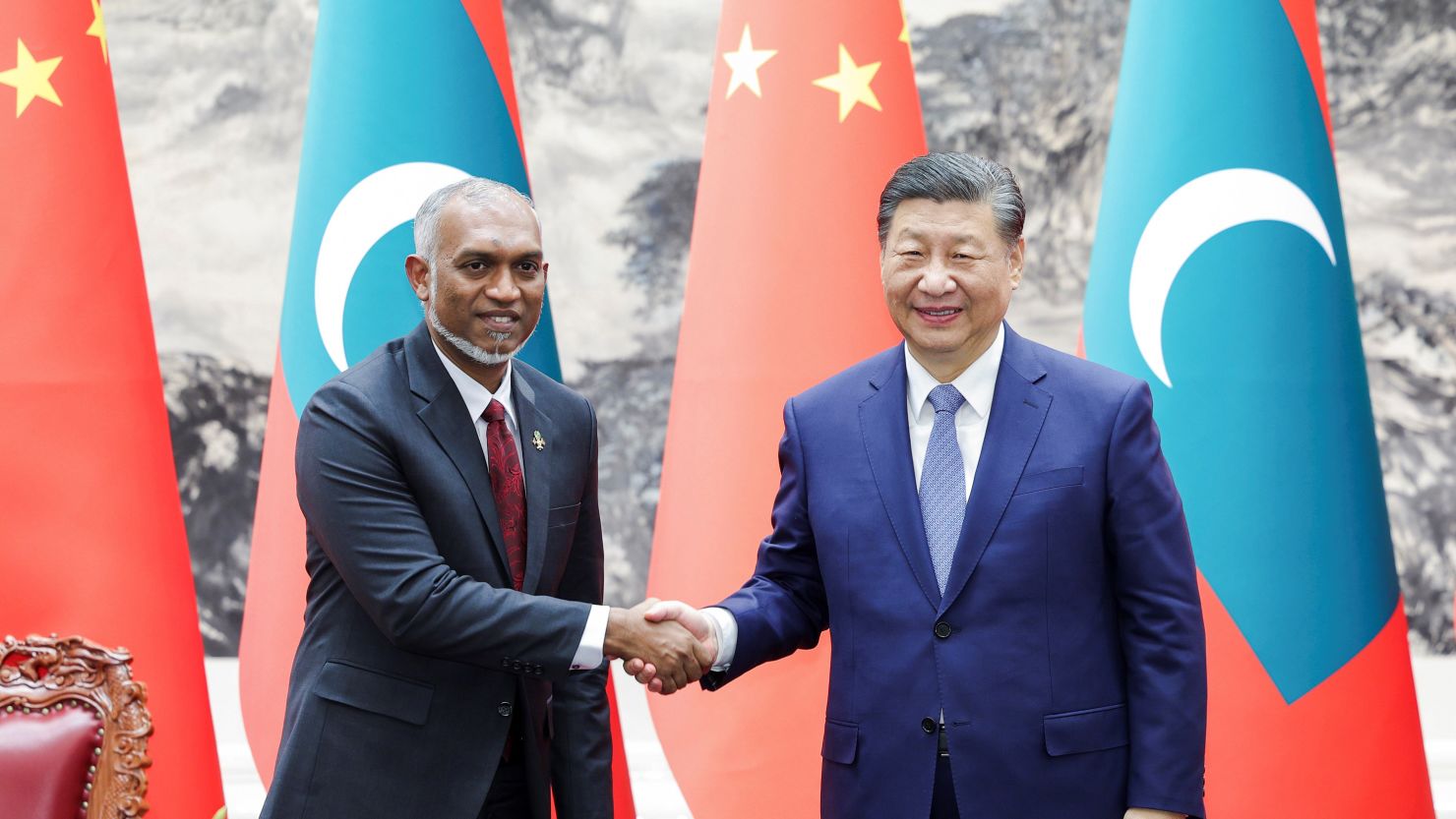 Maldives President Mohamed Muizzu meets Chinese leader Xi Jinping in Beijing on January 10, 2024.