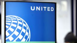 The United Airlines logo is displayed at a check-in area at Los Angeles International Airport (LAX) on January 8, 2024.