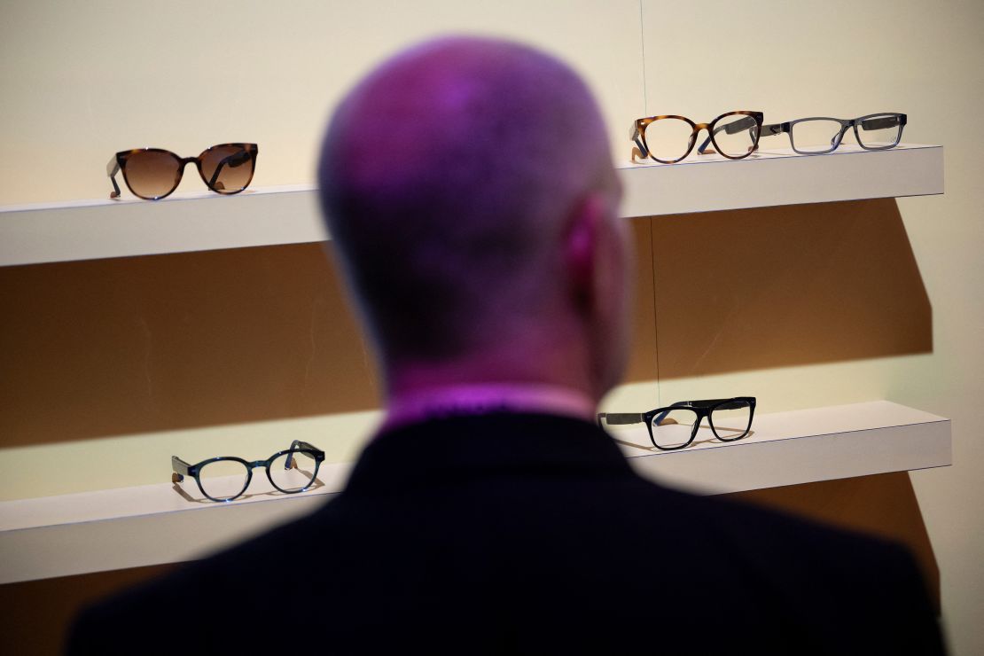 A person views Amazon Echo Frames at the Venetian Expo Center during the Consumer Electronics Show (CES) in Las Vegas, Nevada, on January 11, 2024.