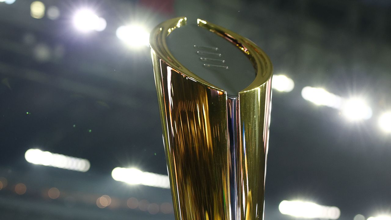 A view of the College Football Playoff (CFP) National Championship Trophy prior to the 2024 CFP National Championship game between the Washington Huskies and Michigan Wolverines at NRG Stadium on January 08, 2024, in Houston, Texas.