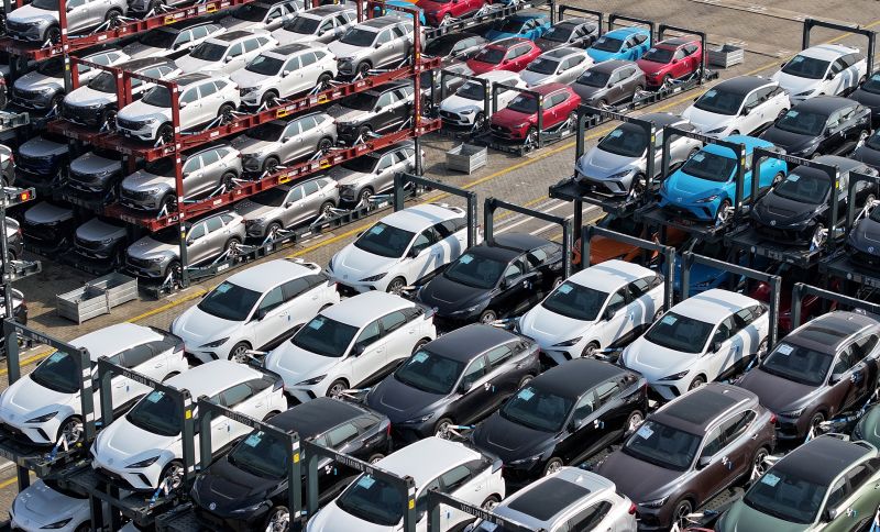 A batch of cars is being prepared for export overseas at the container terminal of Taicang Port in Taicang, China, on January 12, 2024. According to statistics released by the General Administration of Customs on the same day, the total value of China's import and export of goods in 2023 was 41.76 trillion yuan, marking a 0.2% increase from the previous year. (Photo by Costfoto/NurPhoto via Getty Images)