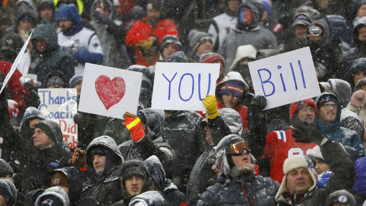 FOXBOROUGH, MA - JANUARY 7: Fans hold up signs for head coach Bill Belichick of the New England Patriots during their game against the New York Jets at Gillette Stadium on January 7, 2024 in Foxborough, Massachusetts.(Photo By Winslow Townson/Getty Images)
