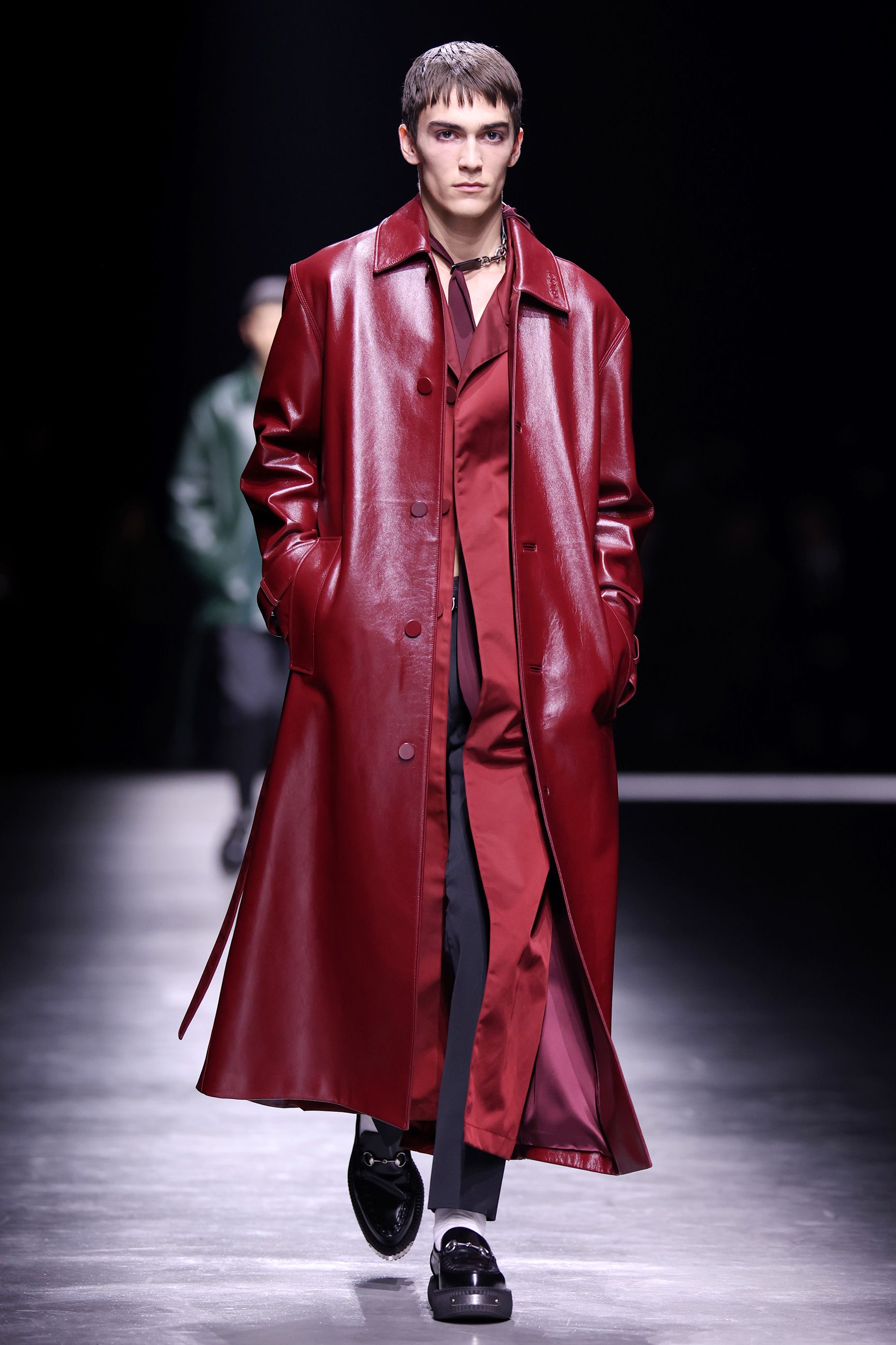 A long coat in "amphora red," designer Sabato de Sarno's new shade, on display at Gucci.