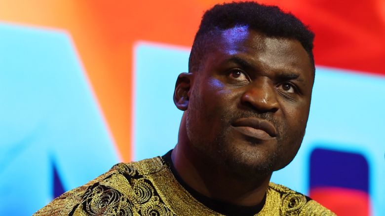 Francis Ngannou attends a press conference in London in January, 2024, ahead of his fight with Anthony Joshua.