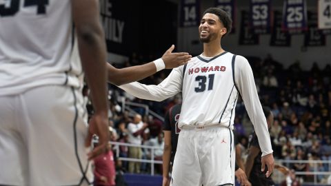 WASHINGTON, DC - JANUARY 15: Howard Bison forward Seth Towns (31) congratulates teammates after their win in an NCAA game against Morehouse College at Howard University in Washington, DC on January 15, 2024. (Photo by Craig Hudson for The Washington Post via Getty Images)