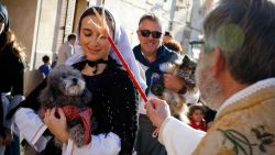 A priest blesses a dog during the 'Beneides' (Benedictions in Majorcan language) traditional ceremony of blessing animals that marks the day of San Anton (Saint Anthony), the animals' patron saint, in Muro, on the Spanish Balearic island of Majorca, on January 17, 2024. (Photo by JAIME REINA / AFP) (Photo by JAIME REINA/AFP via Getty Images)