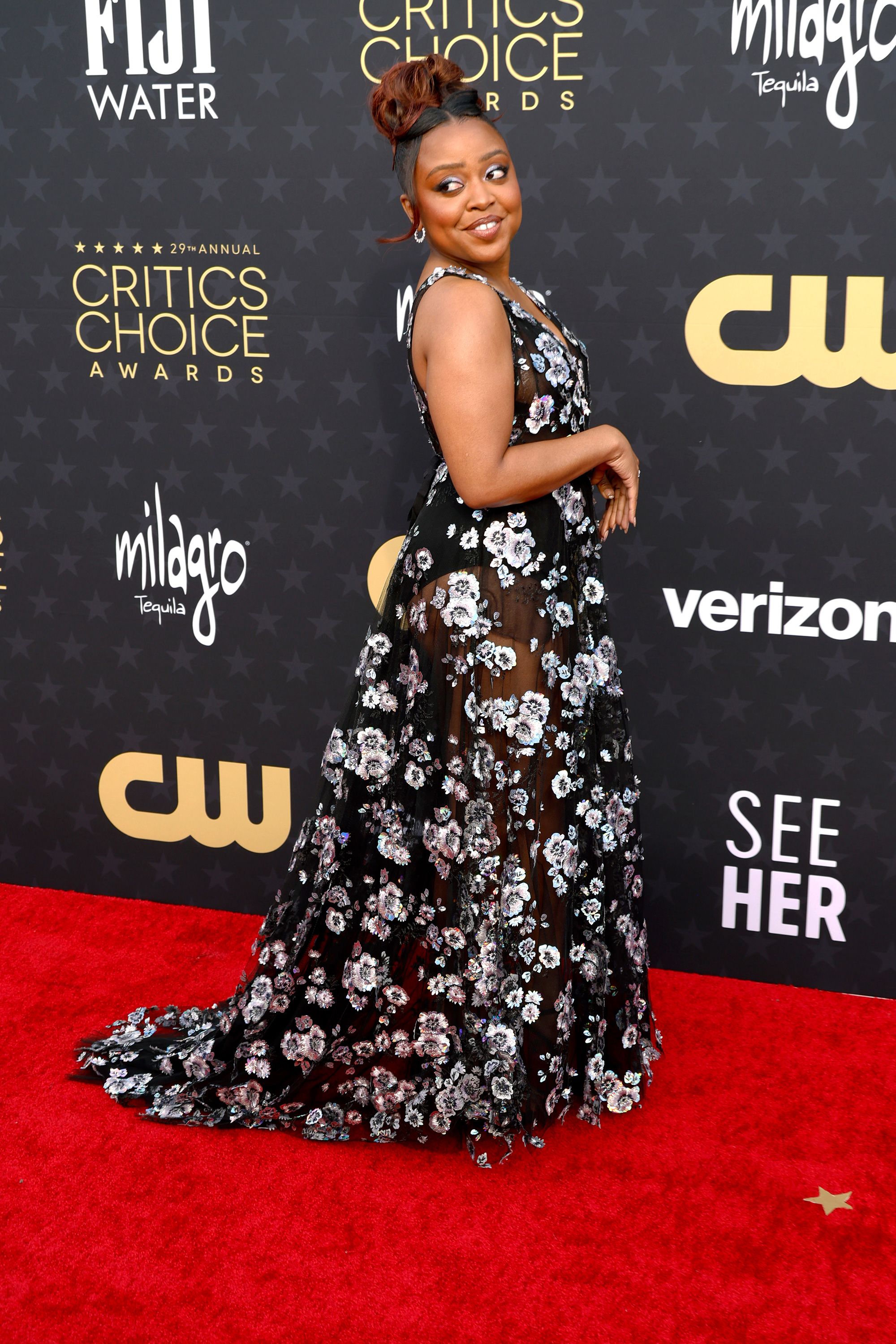 “Abbott Elementary” actor Quinta Brunson wore a sheer black Georges Hobeika dress with silvery embroidered flower accents and Nicole Rose jewelry.