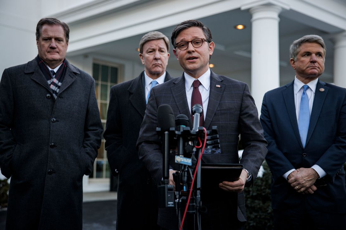 House Speaker Mike Johnson makes a statement alongside Reps. Mike Turner, Mike Rogers and Mike McCaul on January 17, outside the White House.