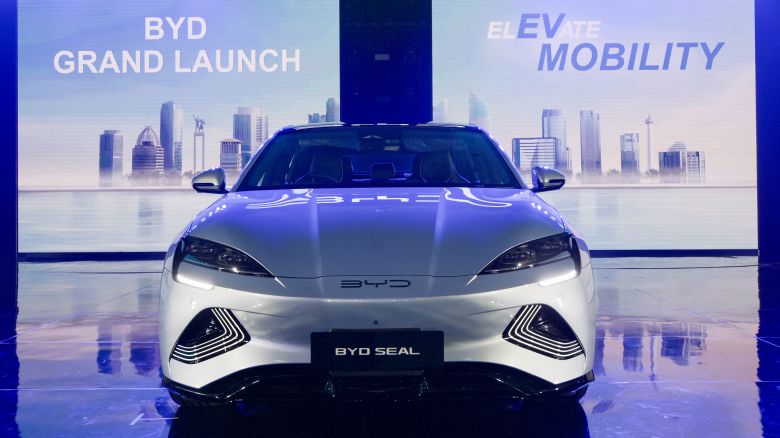Newly launched BYD Seal is displayed during the launch of the Chinese-made BYD brand in Jakarta, on January 18, 2024, and at the same time introduced 2 other types of battery-powered vehicles (EV, electric vehicle) that will be sold in Indonesia, with an investment of 1.3 billion US dollars. (Photo by BAY ISMOYO / AFP) (Photo by BAY ISMOYO/AFP via Getty Images)
